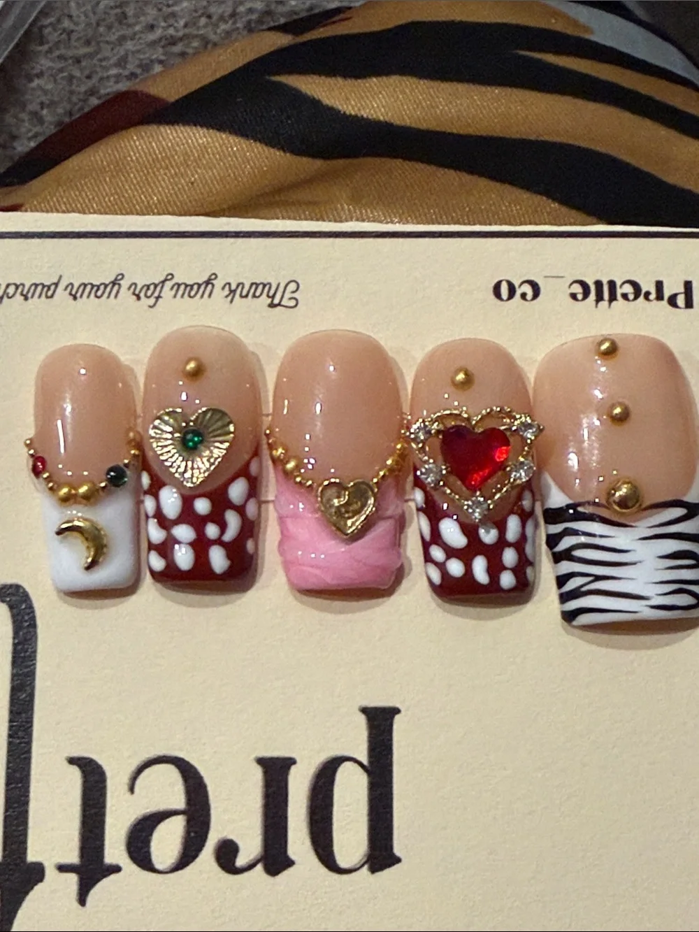 Handmade acrylic Press-On Nail Set — Pink, White, Beige, Red, Gray Accents